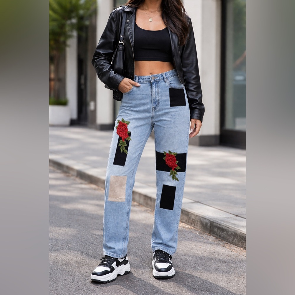 ASOS Curve Original Mom High Waist 3D Embroidery Rose Jeans Size 14